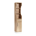 Moderne houten boekenkast met open planken en lade.