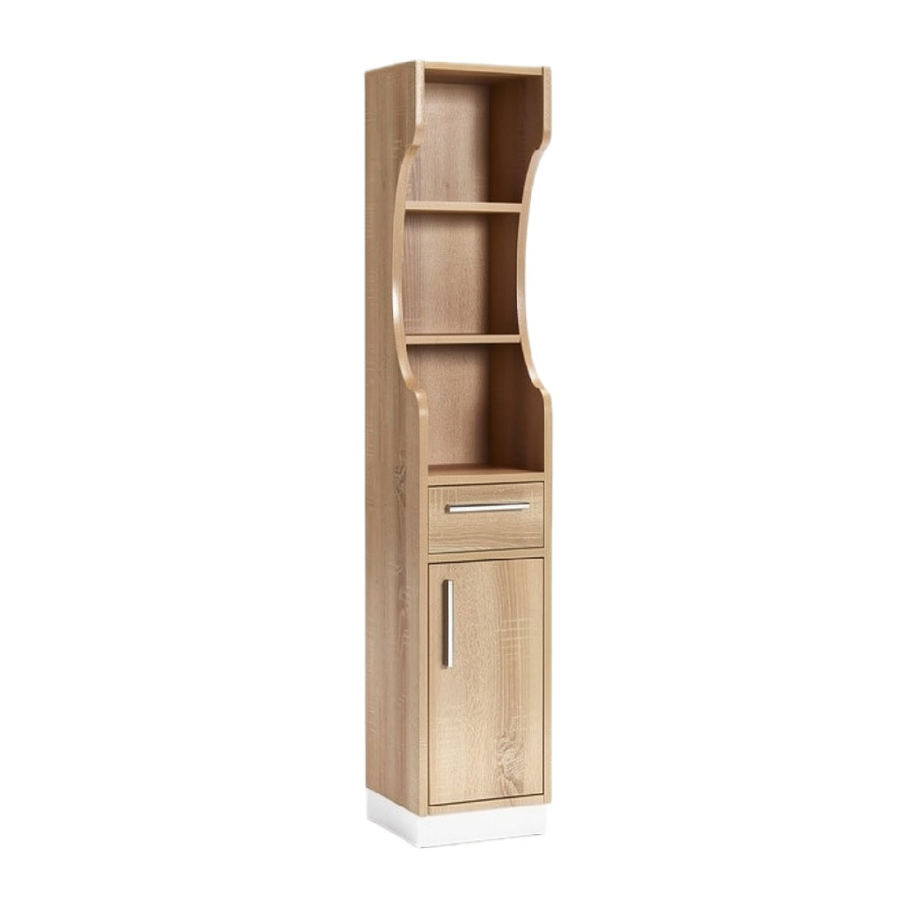 Moderne houten boekenkast met open planken en lade.