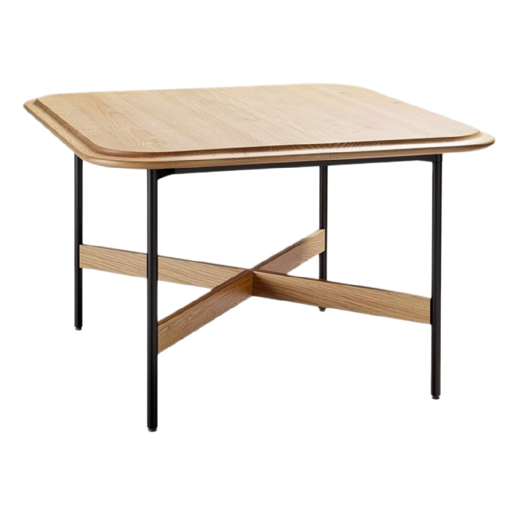 Moderne vierkante eettafel met houten blad en metalen onderstel