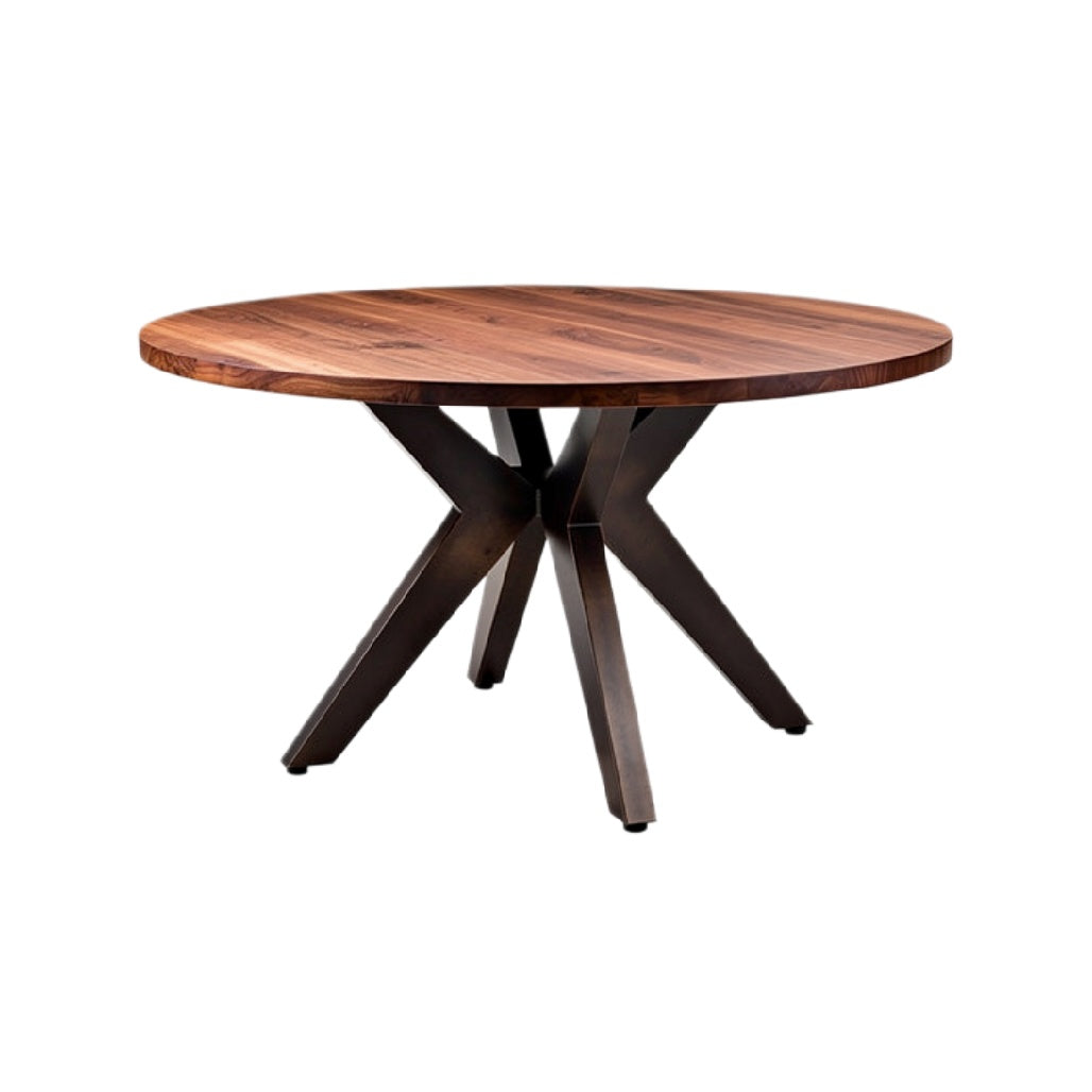 Ronde houten eettafel met moderne x-vormige poten