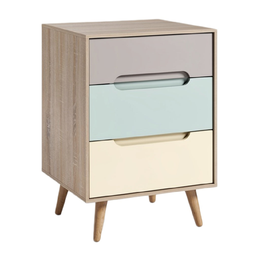 Moderne kast met kleurrijke lades en houten poten