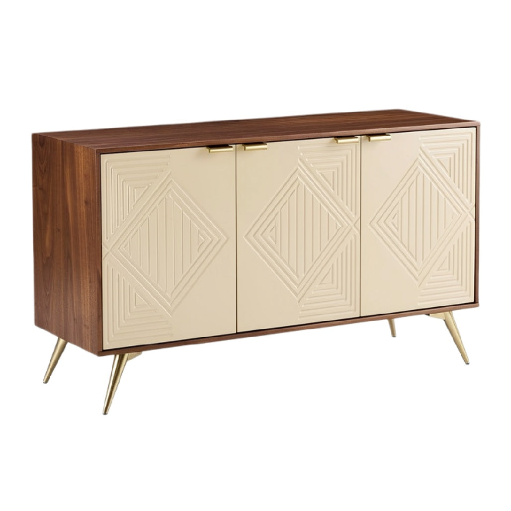 Moderne dressoir met geometrische gravure en gouden poten