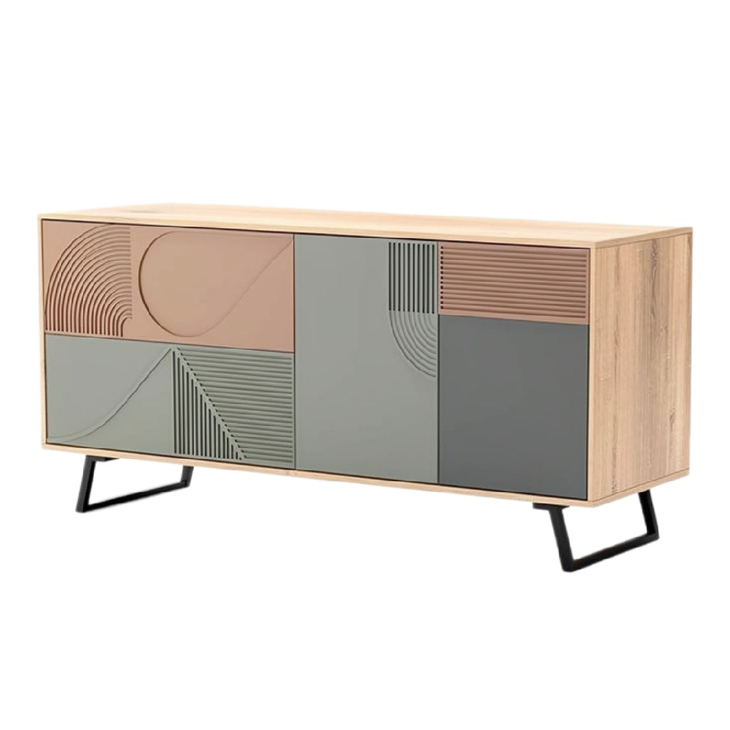 Moderne ladekast met geometrische patronen en houten afwerking