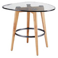 Duidelijke glazen tafel met houten poten en zwart metalen onderstel.